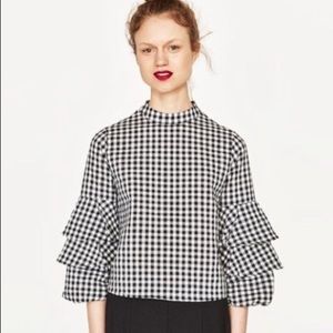 Zara Black White Gingham Layered Sleeve Top